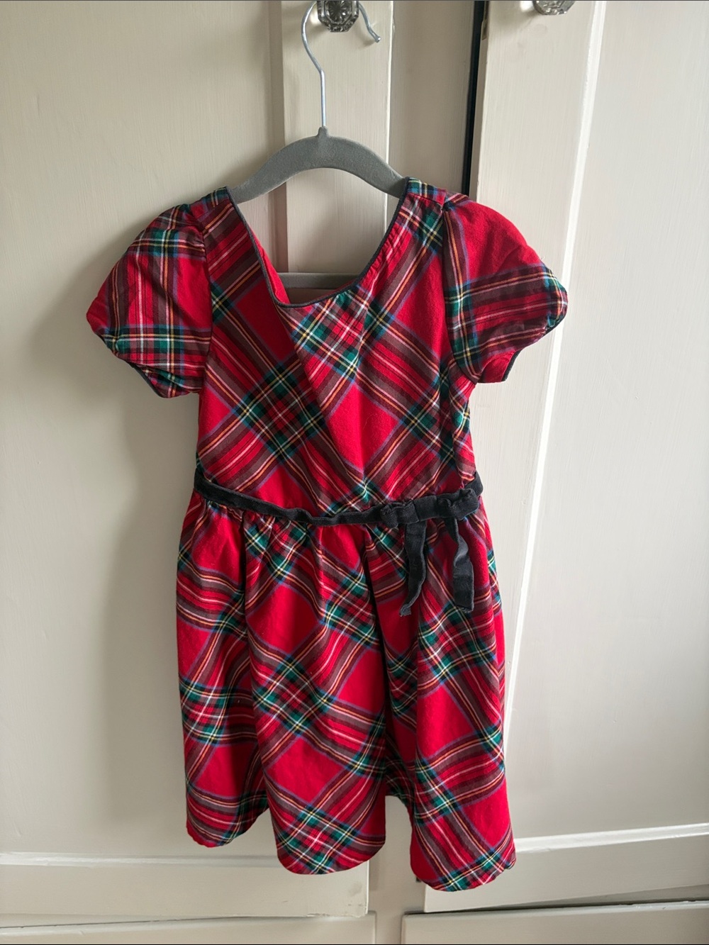 Girls Red Tartan Fit-and-Flare Dress with Black Waist Sash